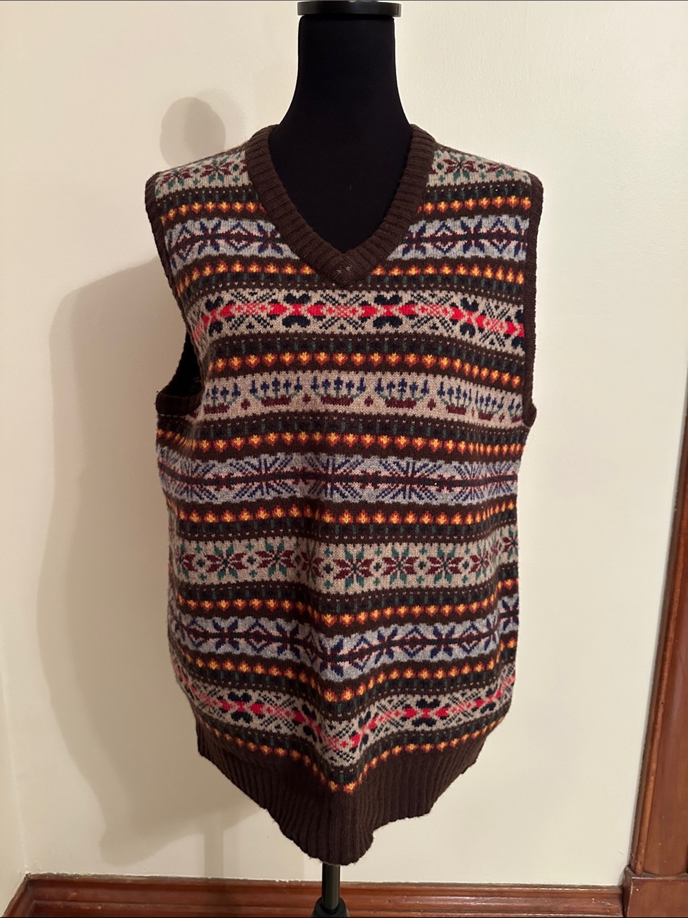 J. Crew Brown Fair Isle V-Neck Sweater Vest with Multicolor Accents